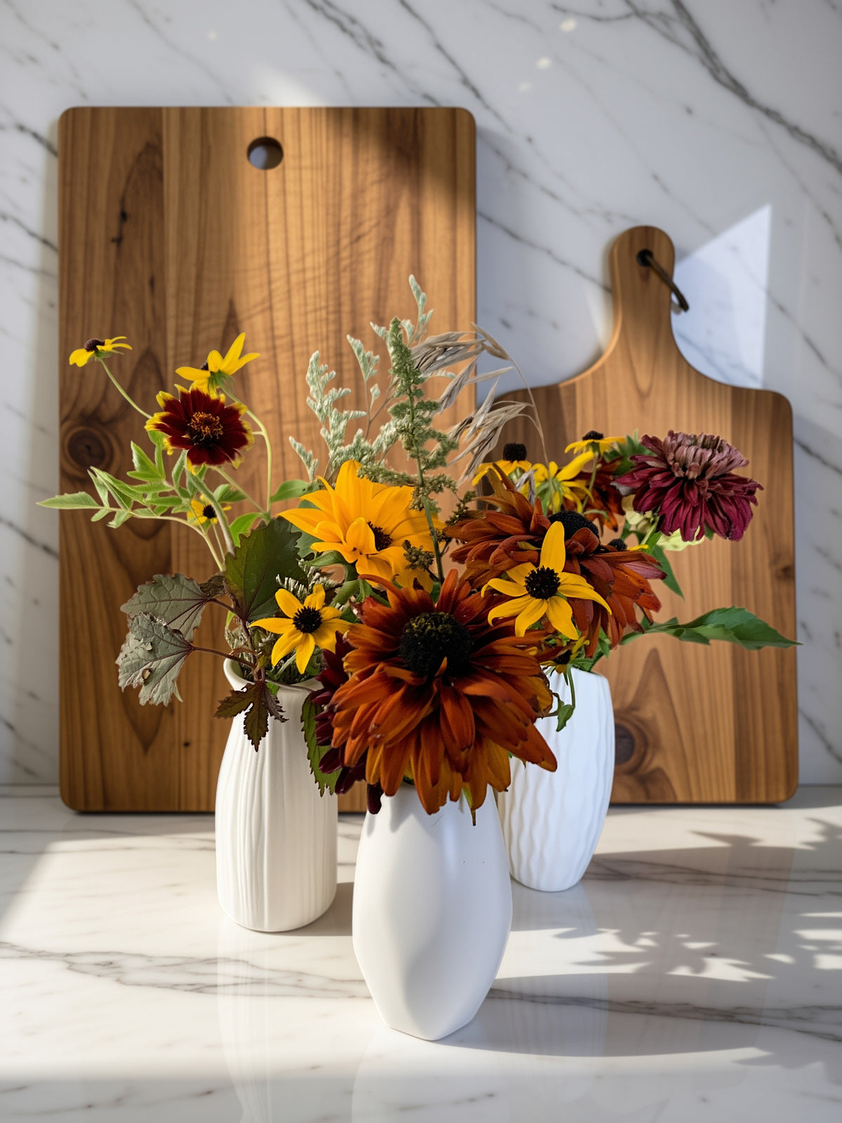 Three white ribbed ceramic vases filled with a colorful autumn flower bouquet, styled on a white marble countertop with two wooden cutting boards in the background.